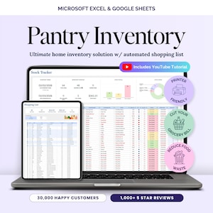 Pantry Inventory Tracker Spreadsheet Food Storage Freezer and Fridge Organizer Kitchen Stock & Grocery Shopping List Excel and Google Sheets
