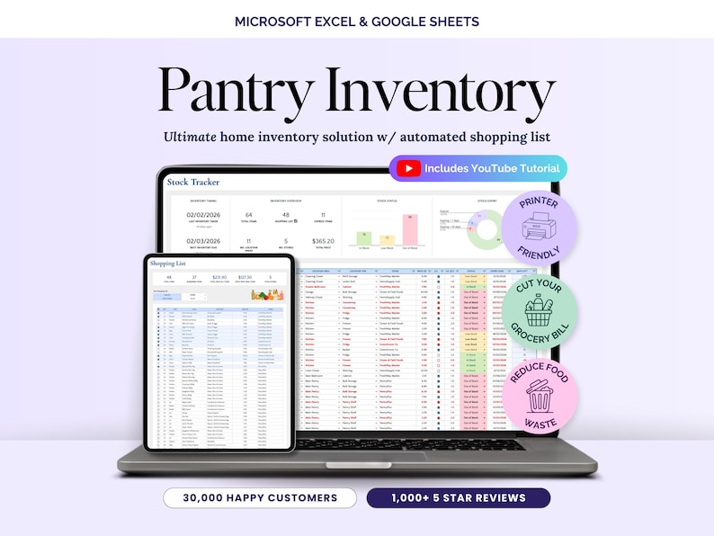 Pantry Inventory Tracker Spreadsheet Food Storage Freezer and Fridge Organizer Kitchen Stock & Grocery Shopping List Excel and Google Sheets image 1