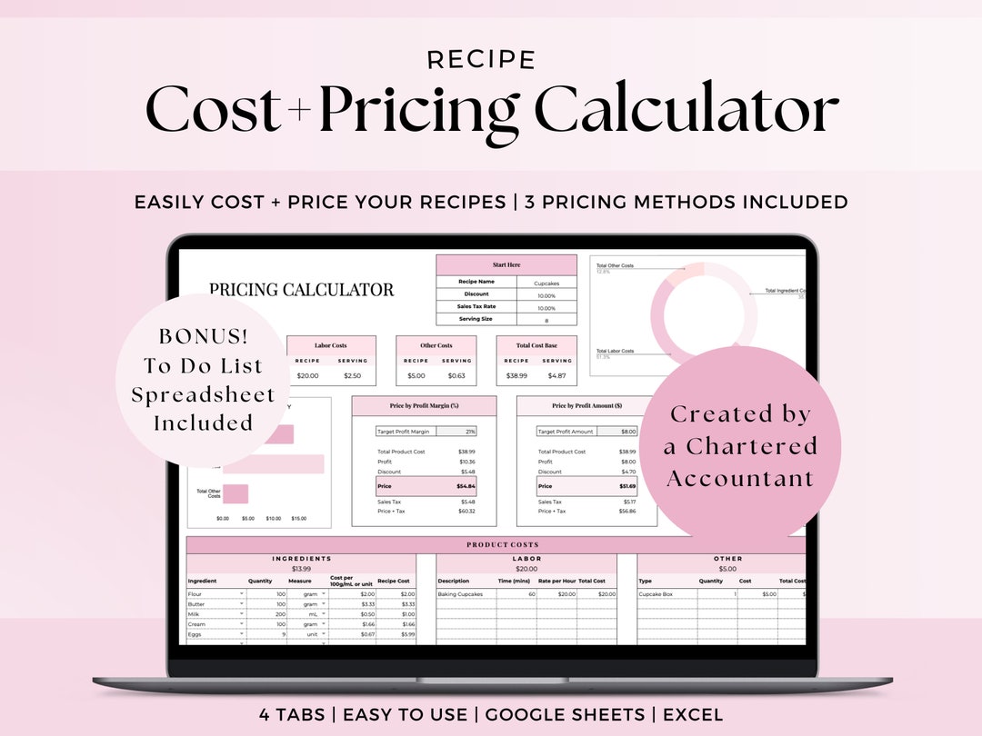 Recipe Cost and Pricing Calculator, Home Baker Business Cake Costing