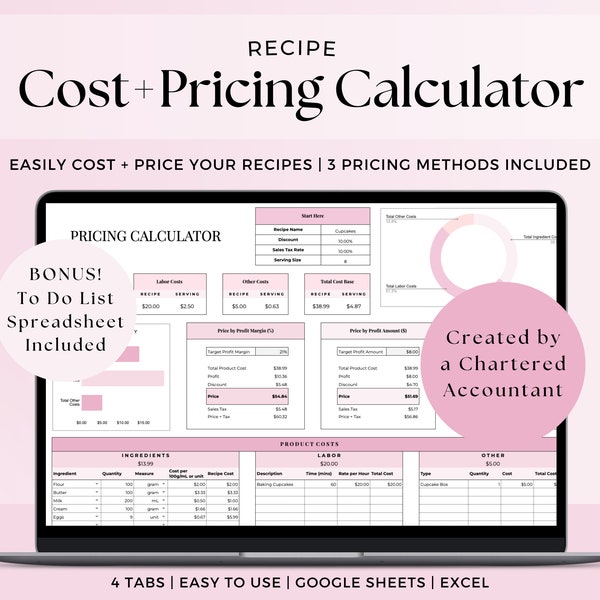 Recipe Cost and Pricing Calculator, Home Baker Business Cake Costing Template, Bakery Pricing Google Sheets, Ingredients Tracker Spreadsheet