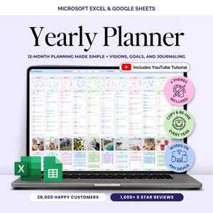 Puede incluir: Un portátil muestra una plantilla de planificador anual. La pantalla muestra un calendario mensual colorido con espacio para metas y diario. La imagen incluye el texto "Yearly Planner" e iconos que indican un tutorial de YouTube, temas y compatibilidad con dispositivos.