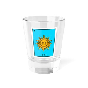 Vaso de chupito El Sol, tarot del sol, lector de tarot, tema de cartas del tarot, arte de la baraja del tarot, lotería mexicana, cartas de lotería, ambiente de brujas,