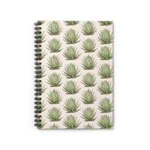 May include: A spiral bound notebook with a cream-coloured cover featuring a repeating pattern of green agave plants.