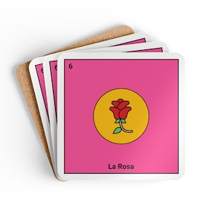La Rosa-onderzetterset, tarotkaart geïnspireerd, la rosa, homebar, vrijgezellenachtbaan, loteriaprint, Mexicaanse bingo