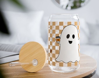 Ghost iced coffee Glass/ spooky iced coffee / fall glass can/ ghost iced coffee/boo basket filler/ cute ghost glass can/freak in the sheets/