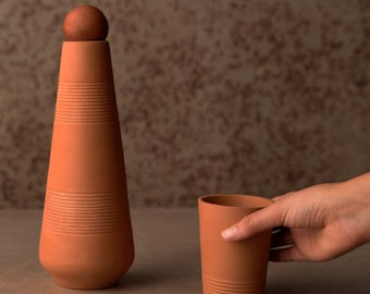 Handmade clay terracotta water bottle with sphere stopper and tumbler , Natural eco-friendly organic clay water bottle and tumbler,