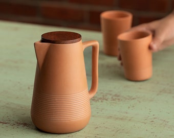 Handmade terracotta water Jug with wooden lid and tumbler, HandMade Clay jug & mug, Earthen water jug and cup natural eco-friendly organic.