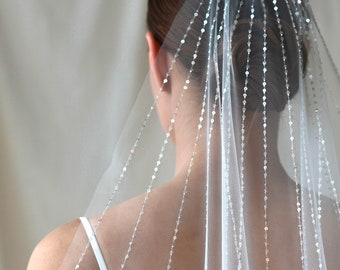 Long one tier wedding veil with beads and sequins, single row cathedral veil with embroidery