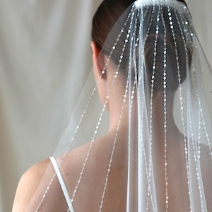 Long one tier wedding veil with beads and sequins, single row cathedral veil with embroidery