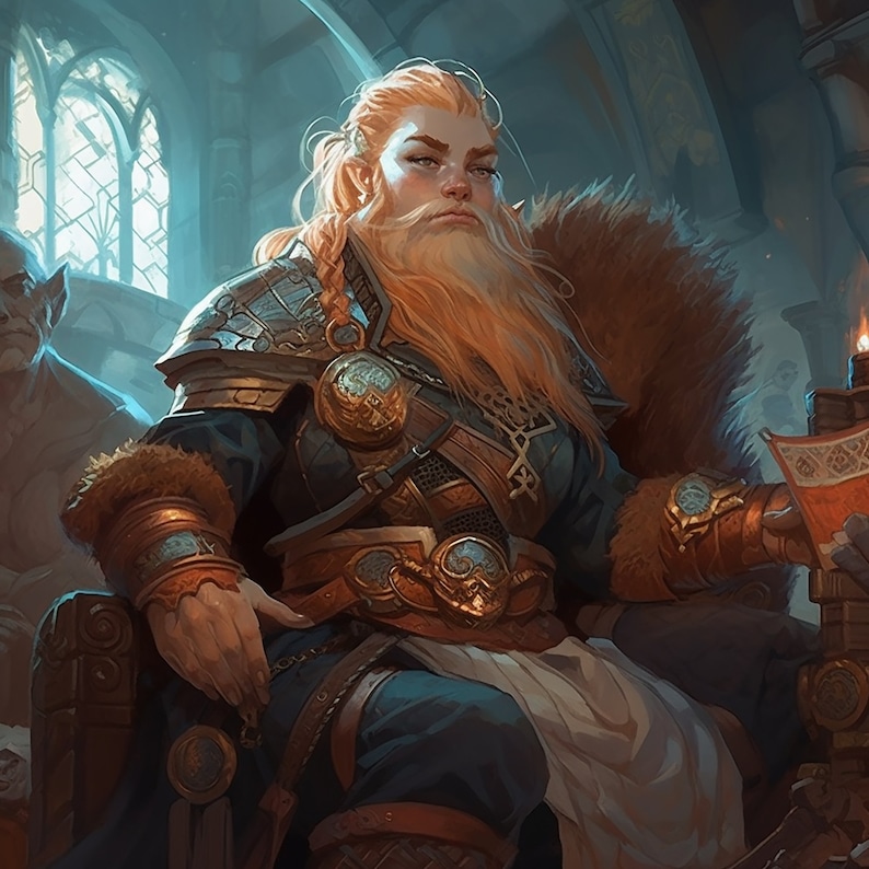 May include: A man with a long, braided, ginger beard sits on a throne wearing a blue tunic with gold accents and a fur-lined cloak. He is holding a book in his left hand.