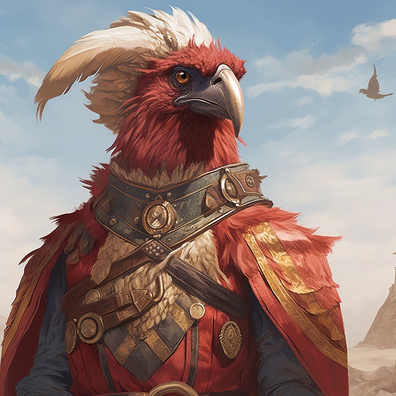 May include: A red and white bird-like creature with a feathered crest, wearing a gold and brown leather vest with a large metal collar and a clock face. The creature has a serious expression and is looking to the right.