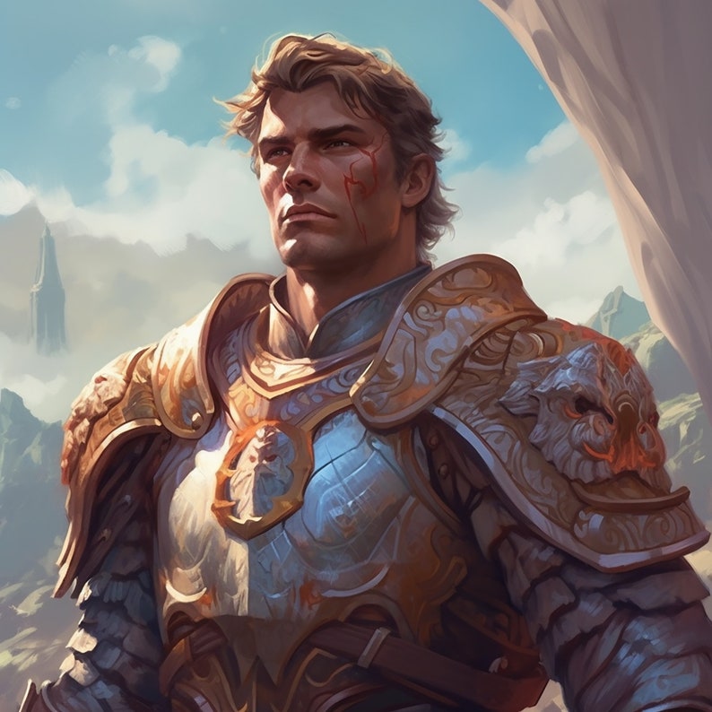 May include: A man in silver and gold armor with intricate designs. He has a serious expression and a small cut on his cheek. The background is a cloudy sky with a tall tower in the distance.