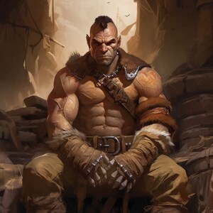 May include: A muscular, bare-chested man with a mohawk hairstyle sits with his arms crossed. He is wearing a leather strap across his chest, a brown belt, and leather gloves with metal accents. He has a serious expression on his face.