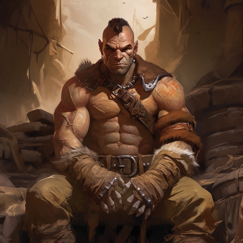May include: A muscular, bare-chested man with a mohawk hairstyle sits with his arms crossed. He is wearing a leather strap across his chest, a brown belt, and leather gloves with metal accents. He has a serious expression on his face.