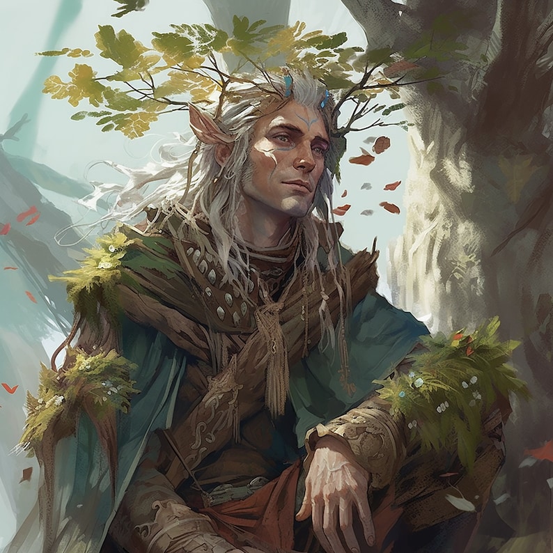 May include: A white-haired elf with pointed ears wearing a blue and brown tunic with a leafy crown. The elf has blue eyes and a light blue marking on his forehead. The background is a blurred forest scene.