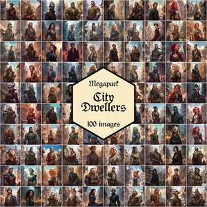 Könnte beinhalten: Eine Collage aus 100 Bildern mit verschiedenen Charakteren in verschiedenen Posen und Umgebungen. Die Charaktere sind in einem Fantasy-Stil dargestellt, mit einer Vielzahl von Rassen, Geschlechtern und Kleidung. Die Bilder sind in einem Raster angeordnet, mit einer Titelkarte in der Mitte, auf der "Megapact City Dwellers 100 images" steht.