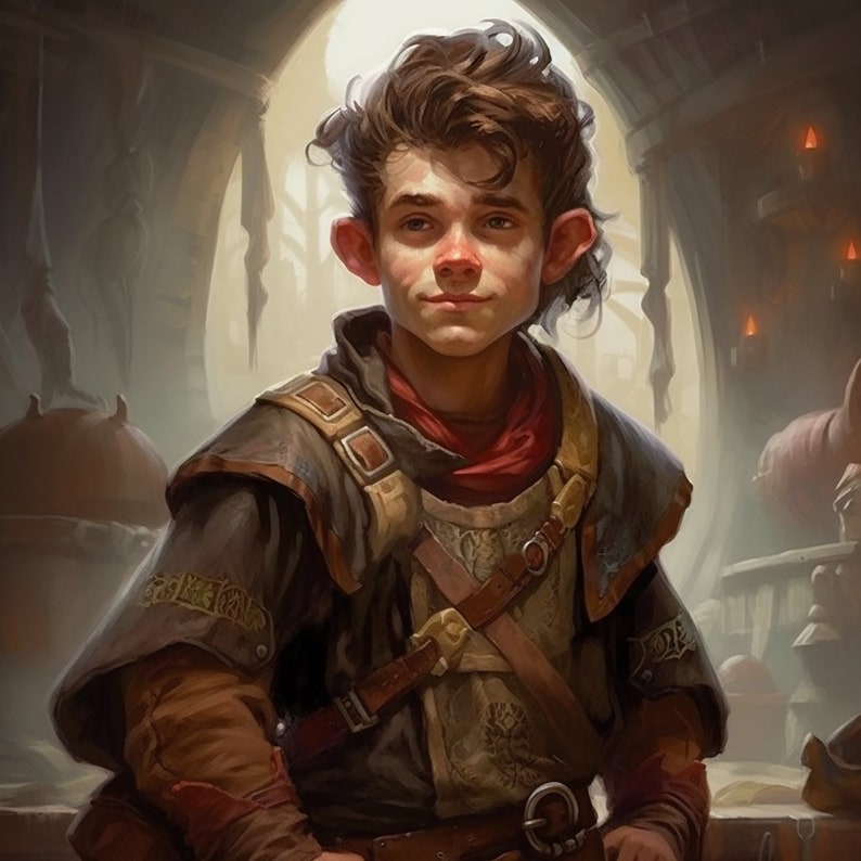 May include: A young person with brown hair and large ears wearing a brown leather jacket with a red scarf and a brown leather belt with a buckle. The person is standing in a dimly lit room with a wooden door behind them.