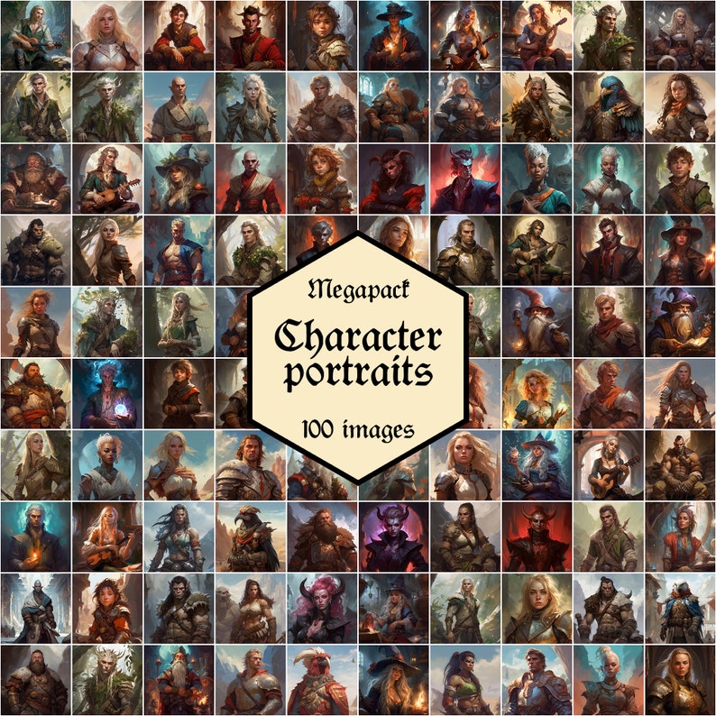 May include: A collage of 100 digital illustrations of fantasy characters, including elves, humans, dwarves, and other creatures. The characters are depicted in various poses and expressions, and they are all wearing unique and detailed costumes. The collage is titled "Megapact Character Portraits 100 Images".