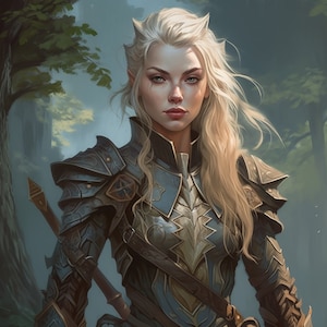 May include: A female elf warrior with long, flowing blonde hair, wearing blue and gold armor. She has pointed ears and a serious expression on her face.