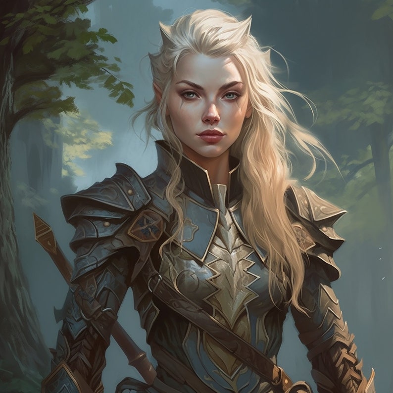 May include: A female elf warrior with long, flowing blonde hair, wearing blue and gold armor. She has pointed ears and a serious expression on her face.