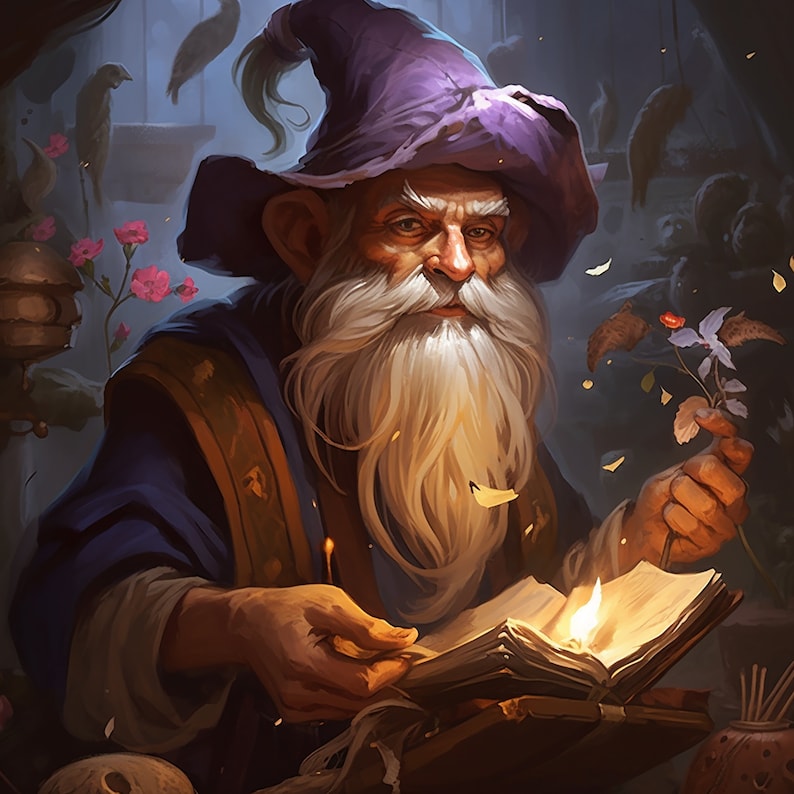 May include: A bearded wizard in a purple hat and blue robe holds a book with a lit candle and a sprig of flowers. He is surrounded by a magical atmosphere with glowing particles and birds.