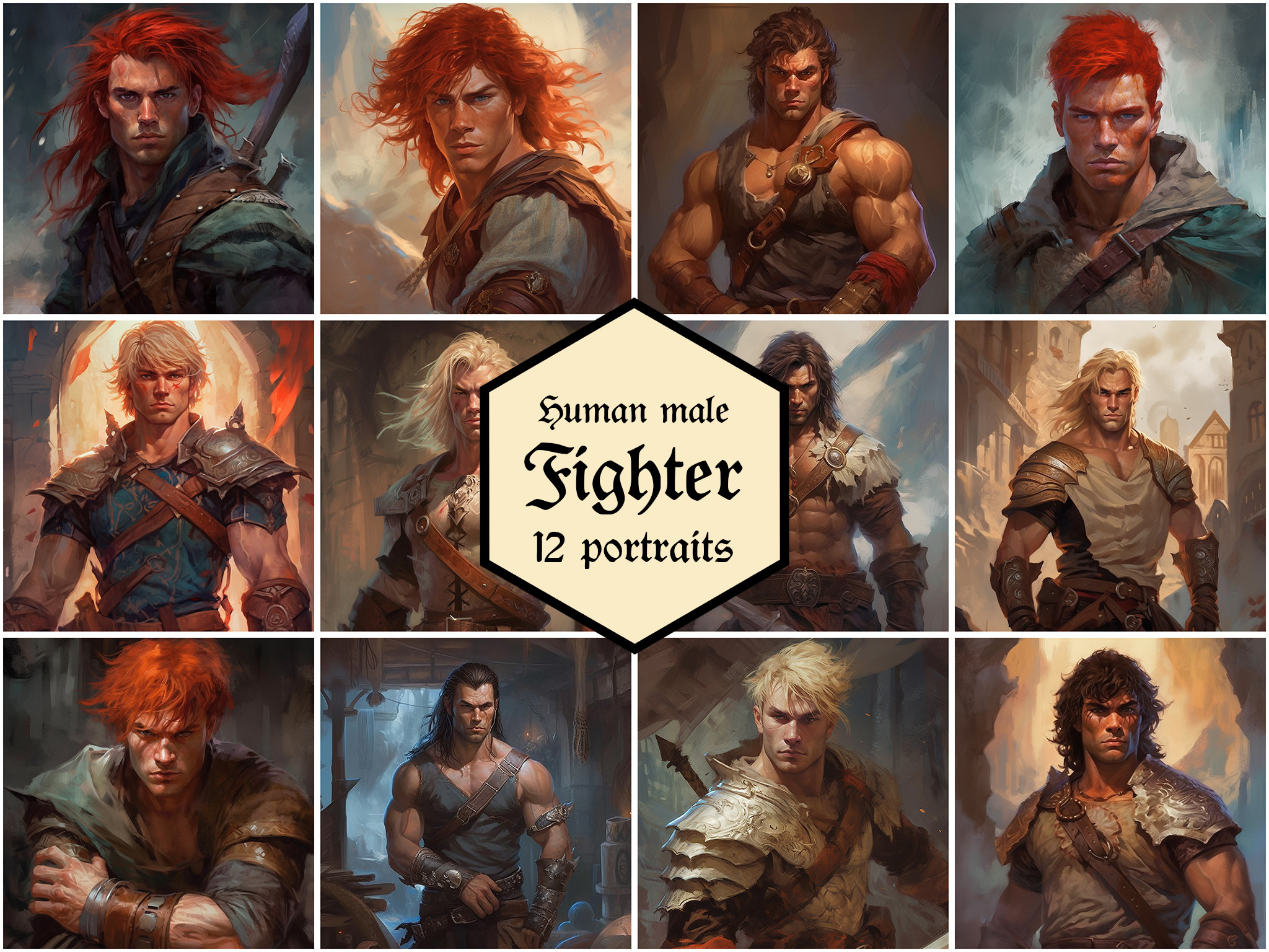 Male human fighter portraits | 12-pack | Dungeons & Dragons