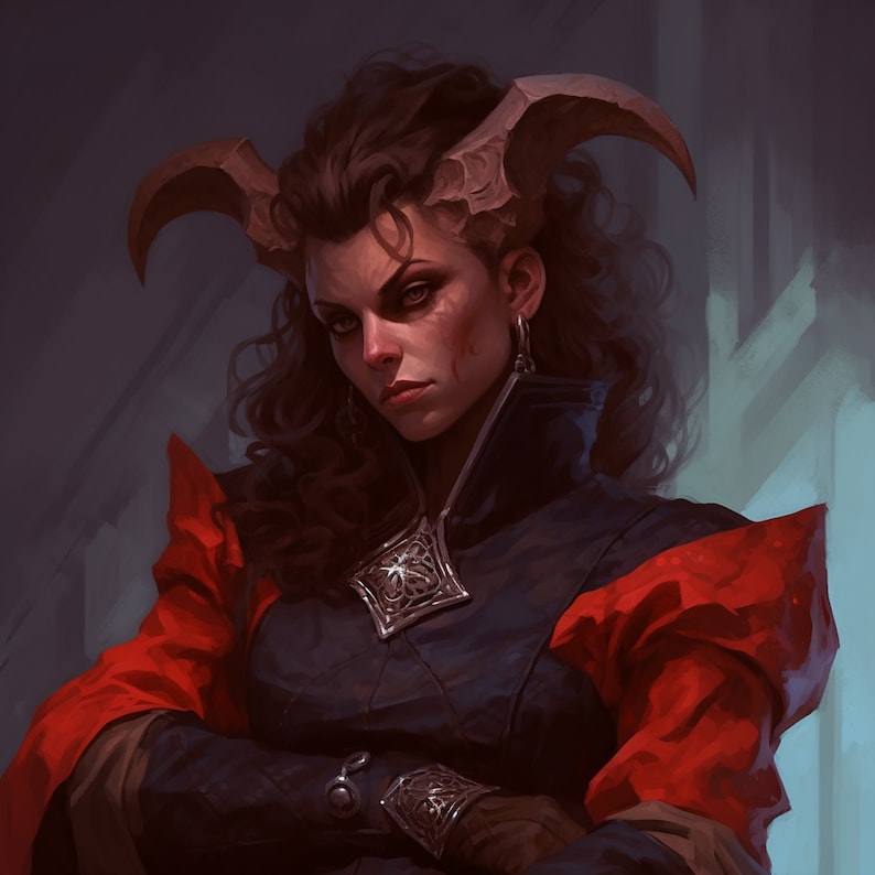May include: A woman with dark brown hair and horns wears a red and black outfit with silver jewelry. She has a serious expression on her face.