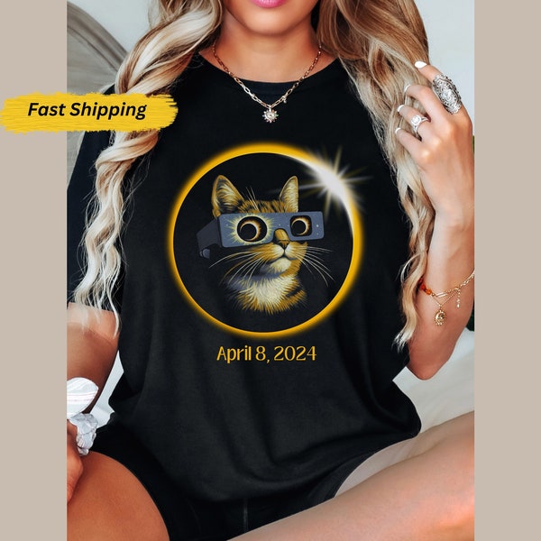 Cat Total Solar Eclipse 2024 Tshirt, April 8 2024 shirt, Celestial Feline Lover Tee, Gift for Eclipse Cat  Lover, Family Astronomy USA Tour