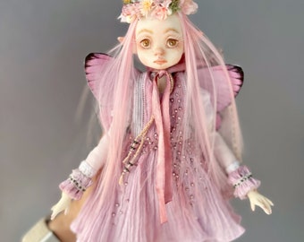 OOAK Elf Fairy Doll, Pink Hair, Flower Crown, Handmade Fantasy Art, Soft Sculpture Collectible