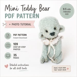 Mini Teddy Bear Sewing Pattern PDF, HandSewn Fhoto Tutorial, Jointed Head, 9.5 cm