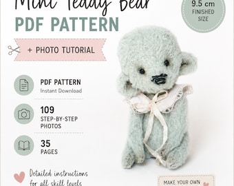 Mini-Teddybär-Nähschnittmuster (PDF), handgenähte Fotoanleitung, beweglicher Kopf, 9,5 cm