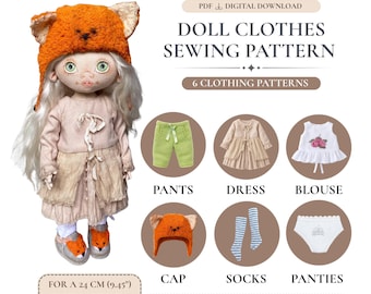 Doll Clothes Sewing Pattern PDF – Full Outfit Set for 24 cm Cloth Art Doll