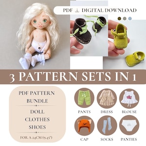 May include: A digital PDF pattern bundle for 9.45 inch doll clothes and shoes. Includes instructions for pants, dress, blouse, cap, socks, and panties. Features a doll with long white hair, brown boots with green laces, and yellow suede-like shoes.