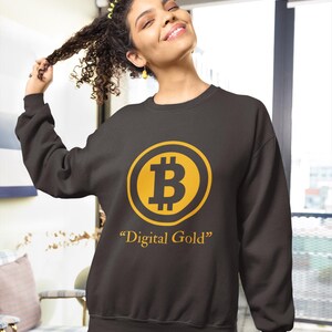Bitcoin é um moletom digital de ouro, suéter de algodão unissex com mistura de blockchain, gola redonda com tecnologia, presente de criptomoeda perfeito para comerciantes