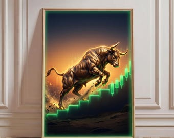 Bull Market Poster, Golden Bull Climbing Green Candlestick Chart Wall Art, Trading Office Decor, Stock Market Print, Gift for Trader