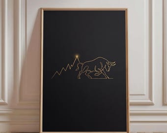Bull Market Wall Art, Gold Bull Poster, Minimalist Finance Decor, Investor Office Art