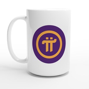 May include: White ceramic mug with a purple circle containing a gold Pi symbol. The Pi symbol is a stylized letter Pi with two small horizontal lines above it.