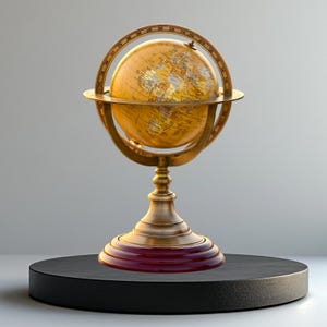 May include: A vintage-style globe with a gold finish, mounted on a brass stand with a dark red base. The globe features detailed geographical markings and is encircled by a brass meridian ring. The globe is displayed on a black circular platform.