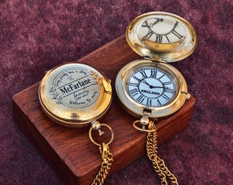 Personalized Engraved Brass Pocket Watch, Roman Numeral Dial