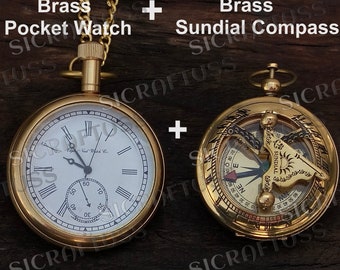 Antique Vintage Elgin Brass Pocket Watch With Brass Pocket Sundial Compass Gift. Combo