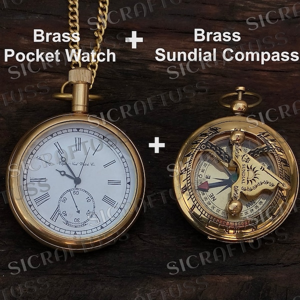 Antique Vintage Elgin Brass Pocket Watch With Brass Pocket Sundial Compass Gift. Combo