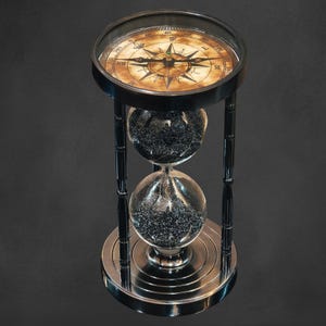 Peut inclure: Un sablier noir avec une boussole sur le dessus. Le sablier est en verre et en métal. La boussole a un cadran noir avec des marques blanches et une aiguille dorée.