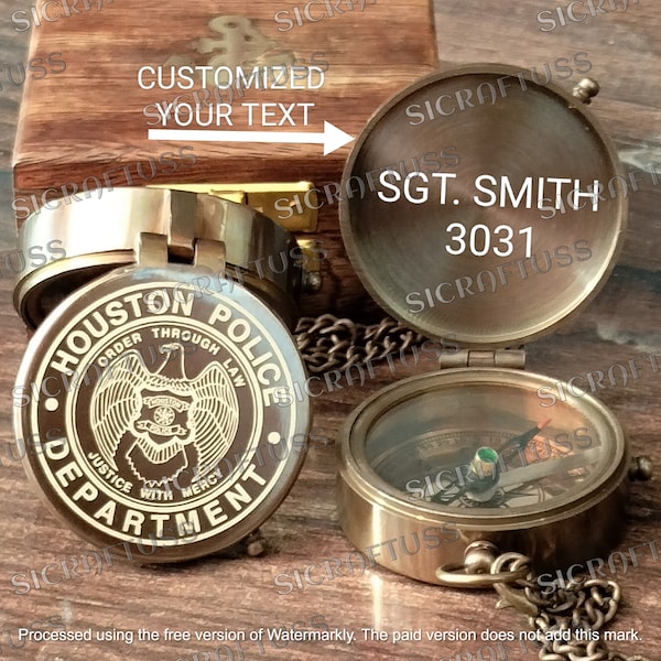 Personalized Compass Custom Engraved Brass Compass Gift For Houston Police Department, Home Decor,  Compass Calendar Pocket Compass
