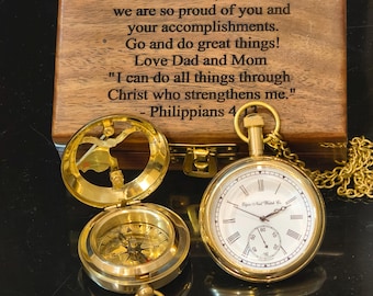 Brass Pocket Watch & Sundial Compass | Gift for Him | Christmas Gift | Anniversary Gift | Gift for Son | Personalized Gift | Gift for Dad