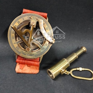 Brass Sundial Compass Wrist Band/Real Leather Band/Wrist Compass and Sundial Free Telescope Keychain