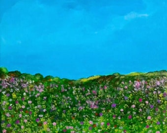 May include: A painting of a field of wildflowers in shades of pink, purple, and white, with a bright blue sky in the background.