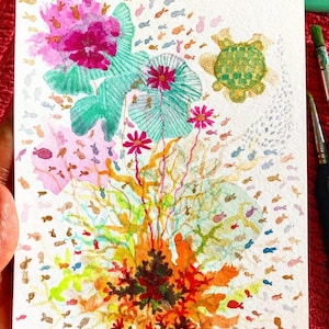 Aquarelle originale de Seagems, peinte à la main, format carte postale, signée et datée. Vous pouvez l'encadrer