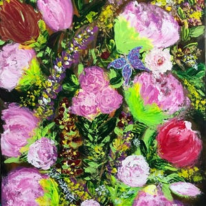 オリジナルの花のアクリル画：パレットナイフインパストアート