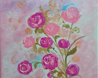 Handpainted Rose Painting: Original Acrylic Floral Art, 12x14" Stretched Canvas