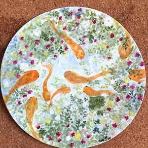 Magischer Koi Teich mit schönen Blumen ein Original handgemaltes Aquarell und Acryl Runde 12 x 12 cm Aquarellpapier, signiert und datiert